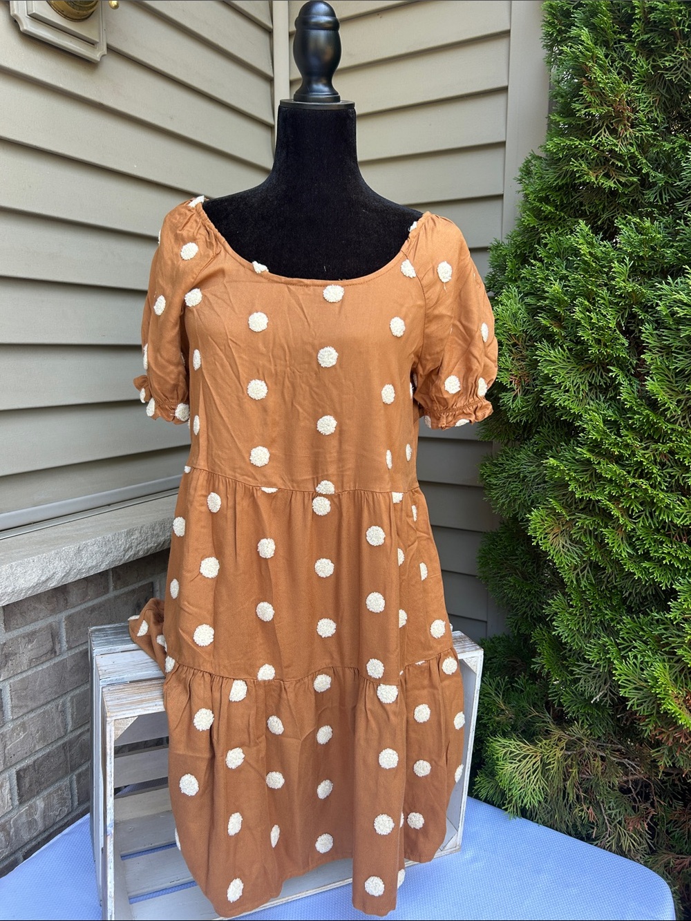 Blu Pepper Brown Tiered Polka Dot Midi Dress with Cream Dots